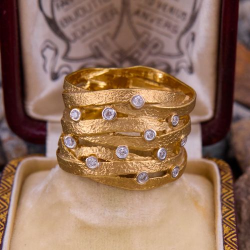 Matte Finished Wide Band Diamond Ring 18K Yellow Gold, Size 6.5