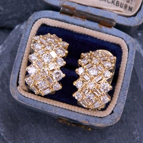 Round & Baguette Diamond Earrings 14K Yellow Gold