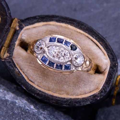 Low Profile Platinum Topped Diamond & Sapphire Ring 14K Yellow Gold 