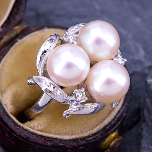 Saltwater Pearl & Diamond Ring 14K White Gold
