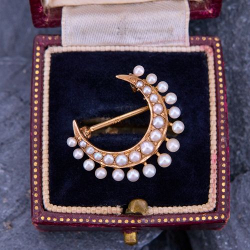 Crescent Moon Seed Pearl Brooch Pin/ Pendant 14K Yellow Gold