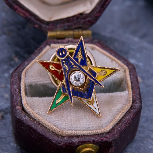 Enamel Order Of The Eastern Star & Masonic Pin 14K Rose Gold