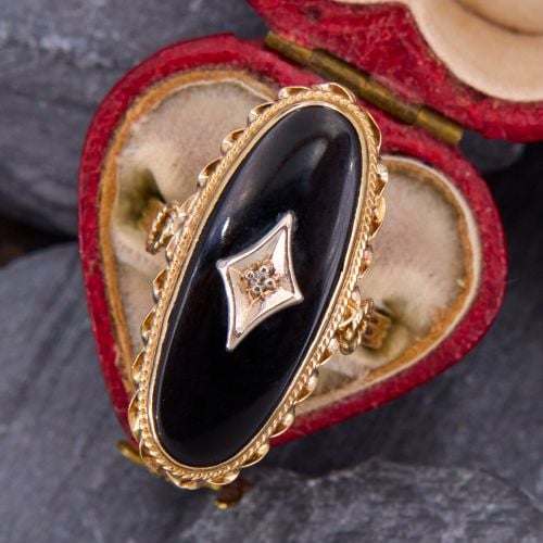 Vintage Ornate Black Onyx Diamond Ring 14K Yellow Gold
