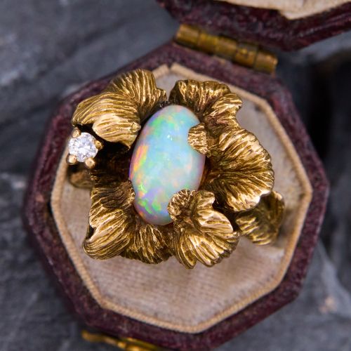 Vintage Leaf Motif Opal Ring 14K Yellow Gold