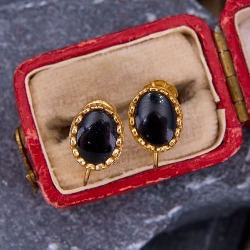 Oval Screw On Onyx Stud Earrings 14K Yellow Gold