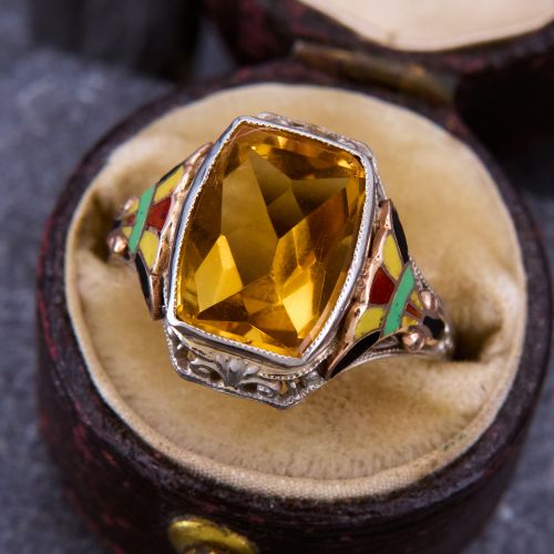 Vintage Citrine & Enamel Ring Yellow Gold
