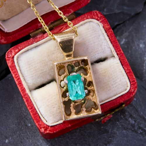 Framed Emerald Cut Emerald Pendant Necklace 14K Yellow Gold