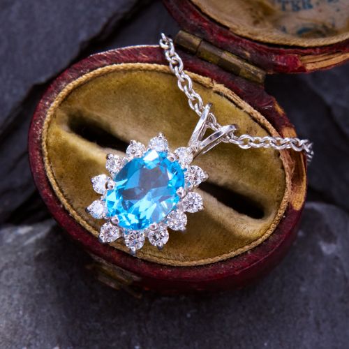 Bright Blue Topaz & Diamond Pendant Necklace 14K White Gold