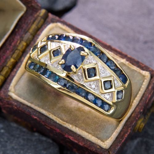 Architectural Sapphire & Diamond Ring 14K Yellow Gold