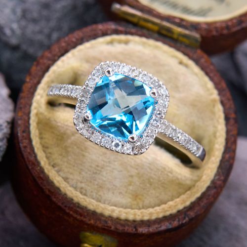 Sparkling Blue Topaz Diamond Halo Ring 14K White Gold