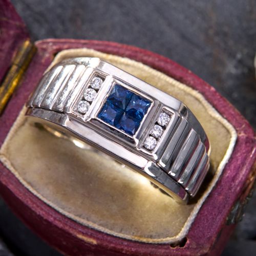 Sleek Mens Sapphire & Diamond Ring 18K White Gold