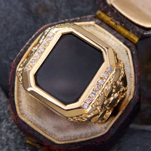 Masculine Onyx & Diamond Ring 14K Yellow Gold