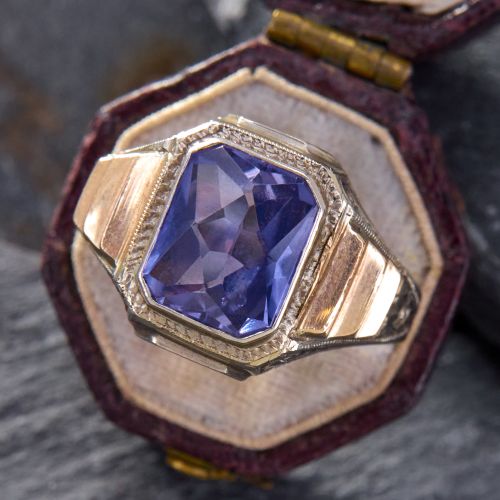 Vintage Mens Lab Grown Sapphire Ring 14K White & Rose Gold