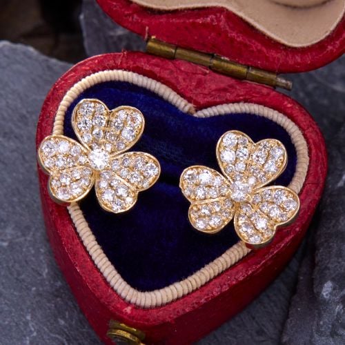 Flower Design Diamond Earrings 14K Yellow Gold