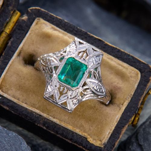 Fanciful Filigree Emerald Ring 14K White Gold
