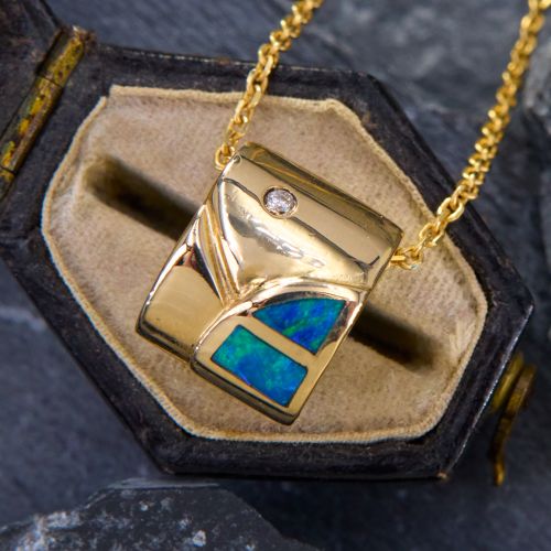 Sleek Opal & Diamond Slide Pendant Necklace 14K Yellow Gold