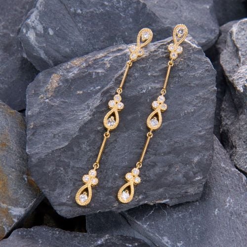 Elegant Milgrained Diamond Dangle Earrings 14K Yellow Gold