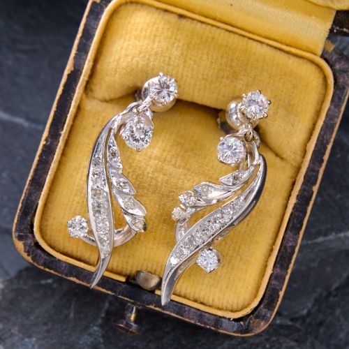 Vintage Diamond Clip On Drop Earrings 14K White Gold