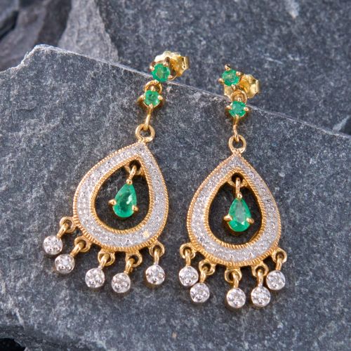 Thai Emerald & Diamond Earrings 14K Yellow Gold