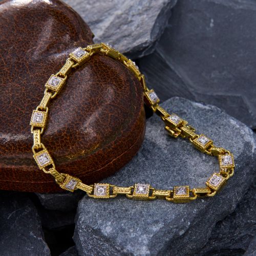 Twisted Rope Square Link Diamond Bracelet 14K Yellow Gold