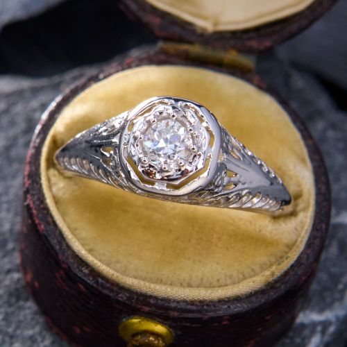 Vintage Filigree Diamond Engagement Ring 18K White Gold