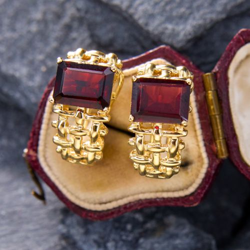 Woven Gold Garnet Earrings 14K Yellow Gold