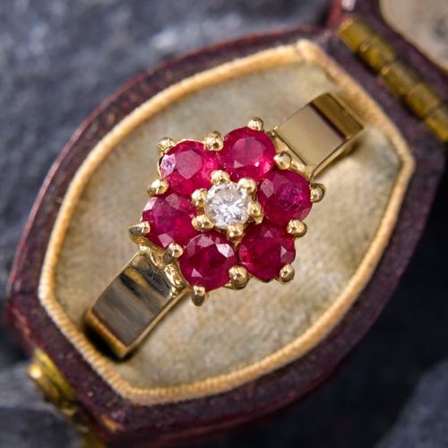 Floral Cluster Diamond & Ruby Ring 14K Yellow Gold
