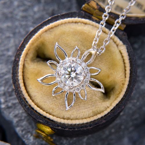 Floral Diamond Halo Pendant Necklace 14K White Gold