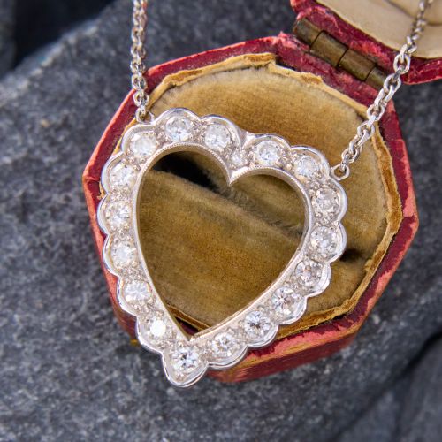 Scalloped Diamond Heart Pendant Necklace 14K White Gold