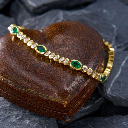 Diamond & Emerald Bezel Station Bracelet 14K Yellow Gold