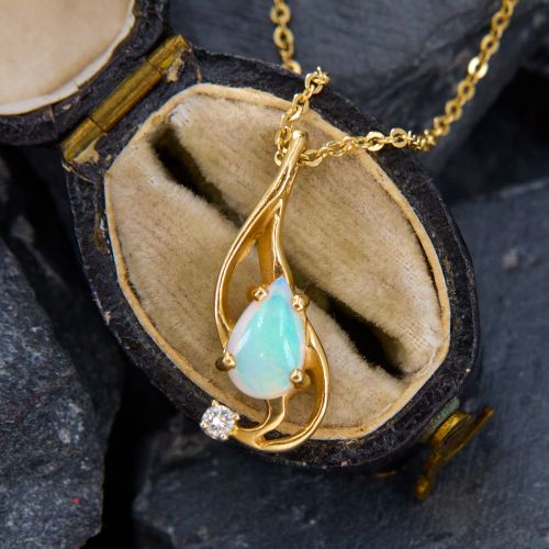 Opal & Diamond Pendant Necklace 14K Yellow Gold