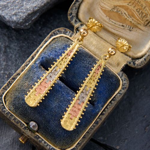 Tri Tone Woven Gold Drop Earrings 14K Gold