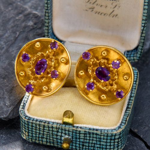 Concave Disk Amethyst Earrings 14K Yellow Gold