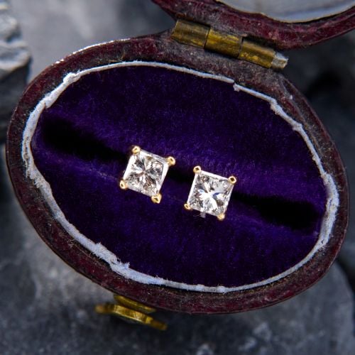 Lovely Princess Cut Diamond Stud Earrings 14K Yellow Gold
