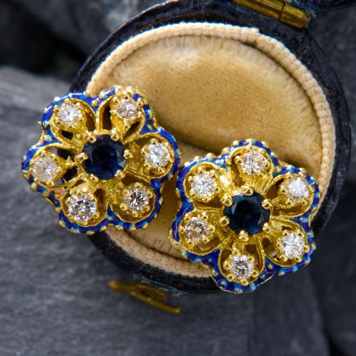 Artistic Enamel Sapphire & Diamond Earrings 14K Yellow Gold
