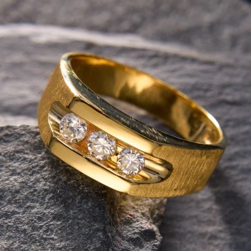 Excellent Mens Three Stone Diamond Ring 14K Yellow Gold