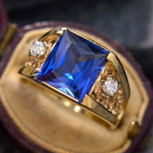 Lab Created Blue Sapphire Mens Ring Yellow Gold