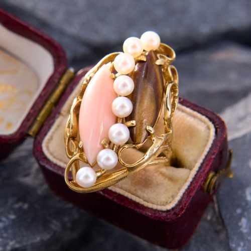 Unique Vintage Coral & Pearl Ring 14K Yellow Gold