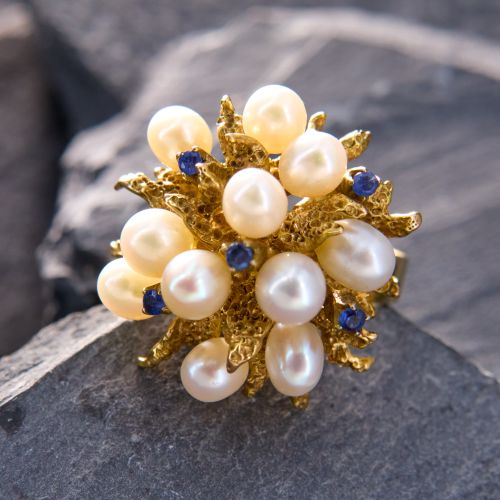 Naturalistic Pearl & Sapphire Ring 14K Yellow Gold