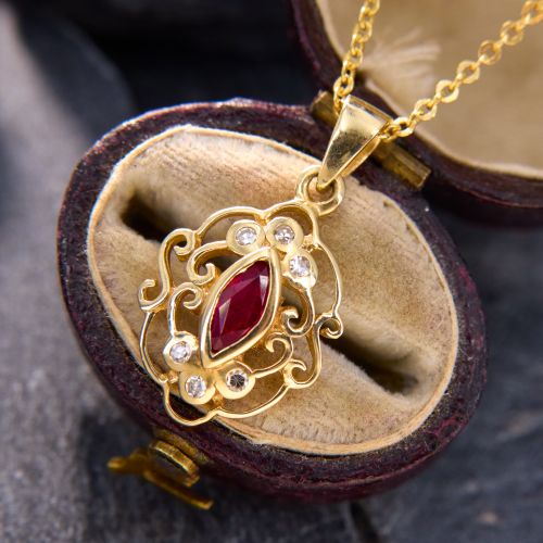 Marquise Ruby Pendant Necklace 14K Yellow Gold