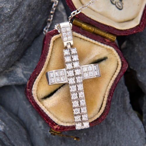 Geometric Diamond Cross Pendant Necklace 18K White Gold