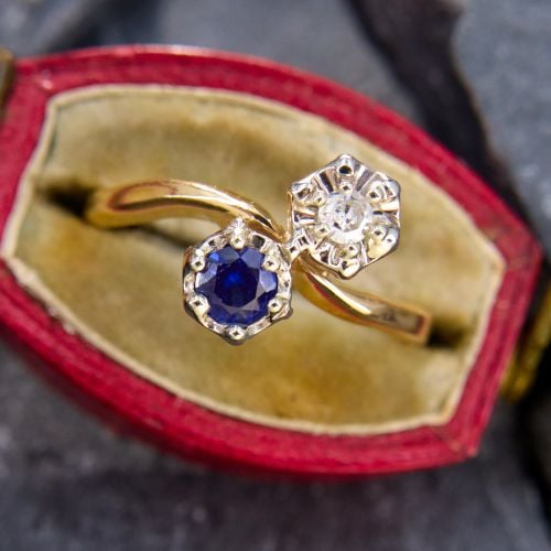 Diamond & Lab Sapphire Two Stone Ring 14K Two Tone Gold
