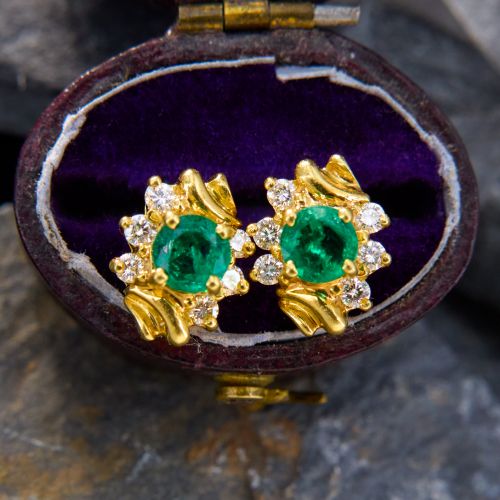Fanciful Emerald & Diamond Earrings 14K Yellow Gold