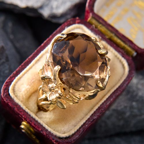 Floral Accented Smoky Quartz Ring 18K Yellow Gold