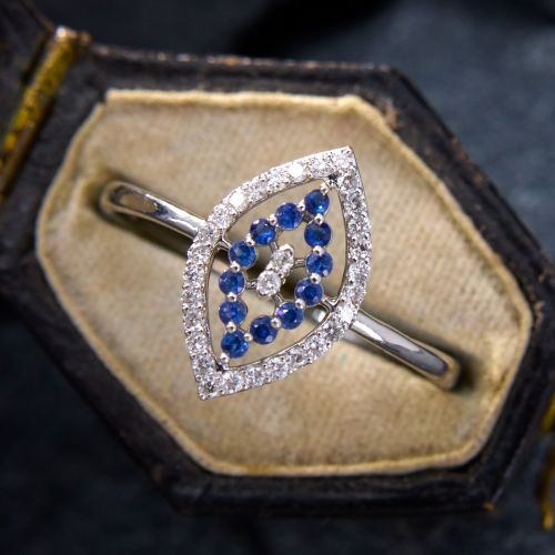 Dainty Navette Diamond & Blue Sapphire Ring 18K White Gold