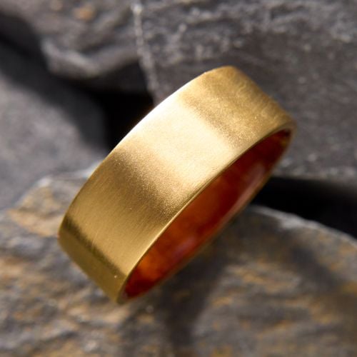 Comfort Fit Mens Wood & Brushed Gold Band Ring 14K Yellow Gold Size 9.75