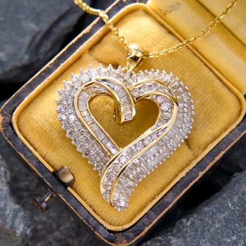 Large Open Heart Diamond Pendant Necklace 14K Yellow Gold