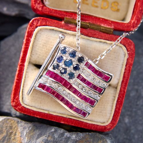 American Flag Ruby Diamond Sapphire Pendant Necklace 14K White Gold