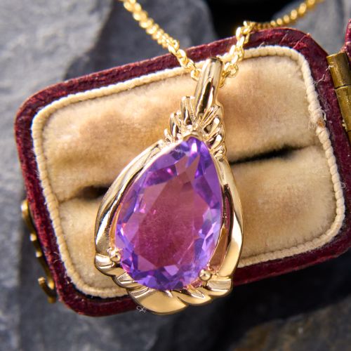 Pear Cut Amethyst Pendant Necklace 14K Yellow Gold