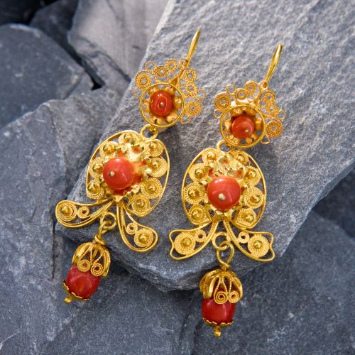 Traditional Filigree Coral Bead Drop Earrings 14K Yellow Gold